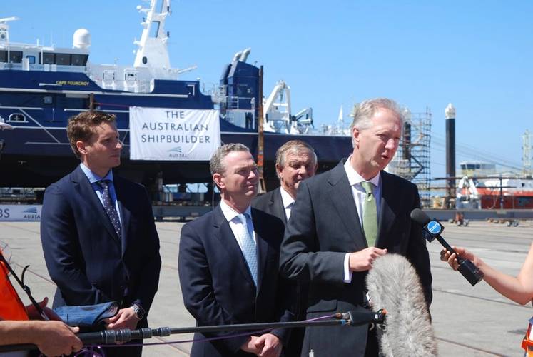 Austal CEO David Singleton welcomed Minister for Defense Industry The Hon Christopher Pyne MP, Senator Chris Back and Federal Member for Canning, Andrew Hastie MP to Austal for the roll out of Hull 380, the first Cape-class patrol boat for the Royal Australian Navy. (Photo: Austal)