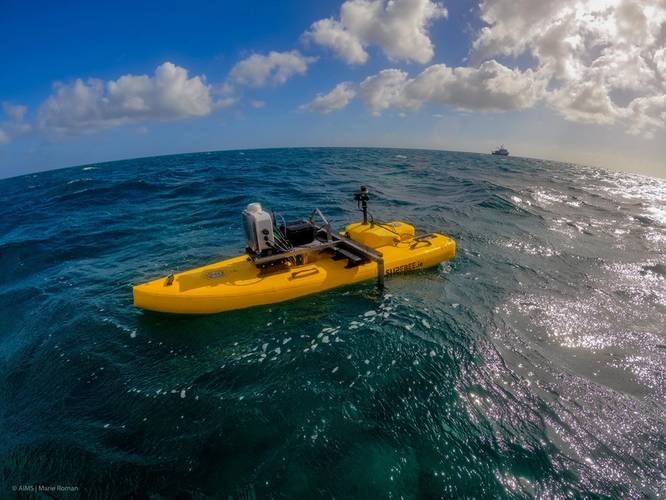 Australian Institute of Marine Science testing its ReefScan reef monitoring technology on an autonomous surface vessel in the ReefWorks test ranges. Photo by Marie Roman, courtesy of AIMS.