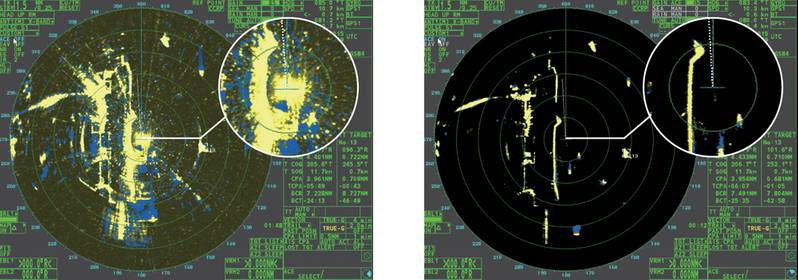 Automatic Clutter Elimination (ACE) off (left) and on (right). (Courtesy Furuno USA)