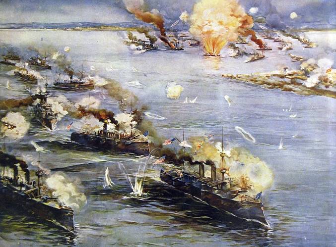 Battle of Manila Bay, May 1, 1898, with Manila Philippines, in the top center, and the Spanish fleet in the upper right. Ships listed descending on the left to bottom: cutter USRC Cutter McCulloch; gunboats USS Petrel and USS Concord; protected cruisers USS Boston, USS Raleigh, USS Baltimore, and USS Olympia flagship, signaling "Remember the Maine." (Credit: Library of Congress)