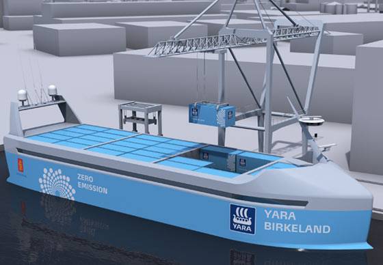 Yara Birkeland container feeder ship design (Image: Kongsberg)