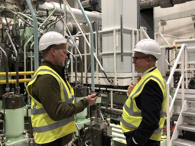 Bjarne Foldager (right), SVP, head of two stroke business at MAN ES hosted Maritime Reporter in Copenhagen for a look behind the scenes at its ammonia engine test bed & facilities. Image courtesy MAN ES