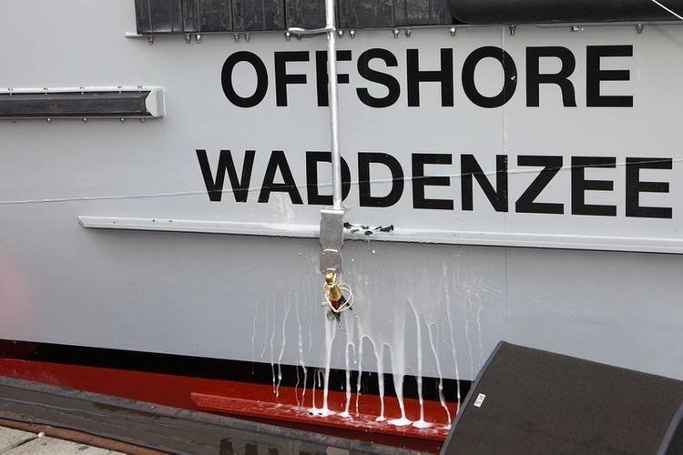 A bottle is broken on Offshore Waddenzee during a christening ceremony at Damen Oranjewerf Amsterdam (Photo: Damen)