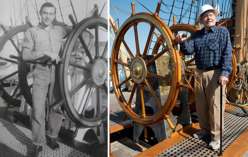 Briggs aboard the Eagle during his time as a coastguardsman (left), and again, more than six decades later, upon his return to the vessel (right)