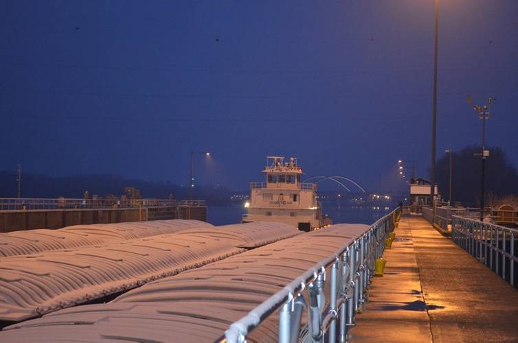 M/V New Dawn broke through Lake Pepin ice overnight and locked through Lock and Dam 2 around 7:45 a.m. on March 25 (Photo by Pamela Niebur)