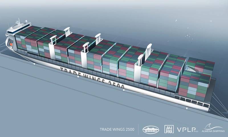 Bureau Veritas has granted an  Approval in Principle (AIP) for Trade Wings 2,500, a design for a 197 x 32 m, 2500-TEU container ship designed jointly by VPLP Design, Alwena Shipping, SDARI, and AYRO. Image courtesy BV