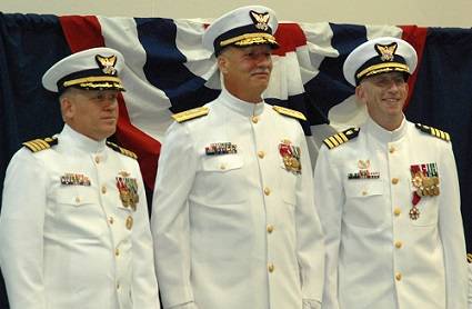 Captain George Lesher (left) assumed command of the Coast Guard Yard from Captain Richard Murphy (right). Rear Admiral Ronald Rábago (center), Assistant Commandant for Engineering & Logistics, U.S. Coast Guard, presided over the Change of Command ceremony. (Official USCG photo)