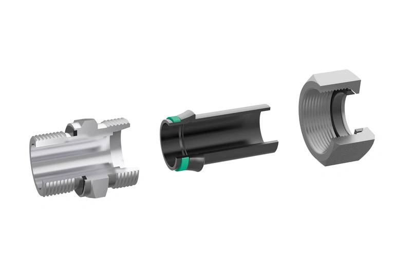 Caption		The clamping ring integrated in the coupling nut and the deep tube clamping up to the connection base make this coupling system resistant to high bend-change stresses. (Image: VOSS Fluid GmbH)