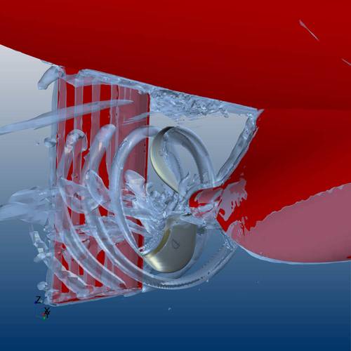 Challenge 2  Transient DES simulation of the self-propulsion of a bulk carrier using the tip modified Kappel Propeller showing flow around hull and propeller. (Image courtesy of MAN Diesel & Turbo, Denmark)