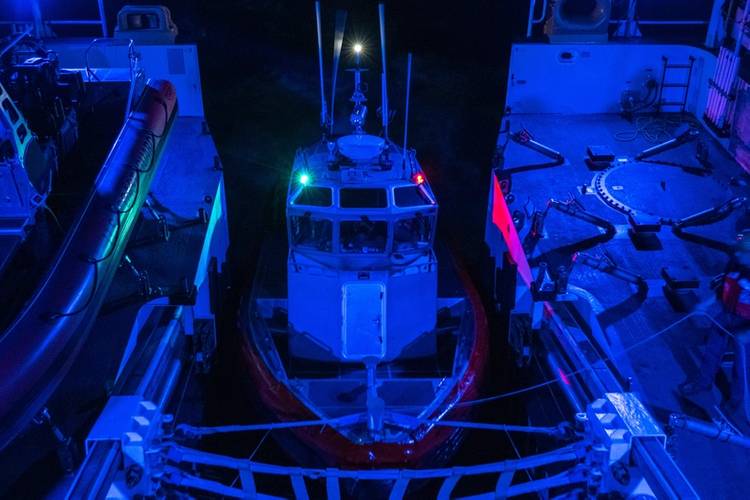 Coast Guard Cutter Calhoun’s (WMSL 759) 35-foot Long Range Interceptor II Cutter Boat (CB-LRI-II) returns to the cutter at night following a drug interdiction in the Atlantic Ocean, April 12, 2025. National Security Cutters like Calhoun carry three boats, including one CB-LRI-II two 26-foot CB-OTH-IV (Over-the-Horizon) rigid-hulled inflatable boats (RHIBs).  
U.S. Coast Guard photo by Petty Officer 3rd Class Jaiden Hartley