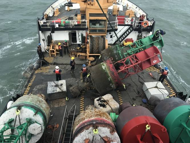 The Coast Guard Cutter Cypress crew works to correct aid to navigation in the Savannah River after Hurricane Matthew Oct. 12, 2016. The Cypress is a 225-foot buoy tender built for maintaining aids to navigation. (U.S. Coast Guard photo courtesy of Coast Guard Cutter Cypress)