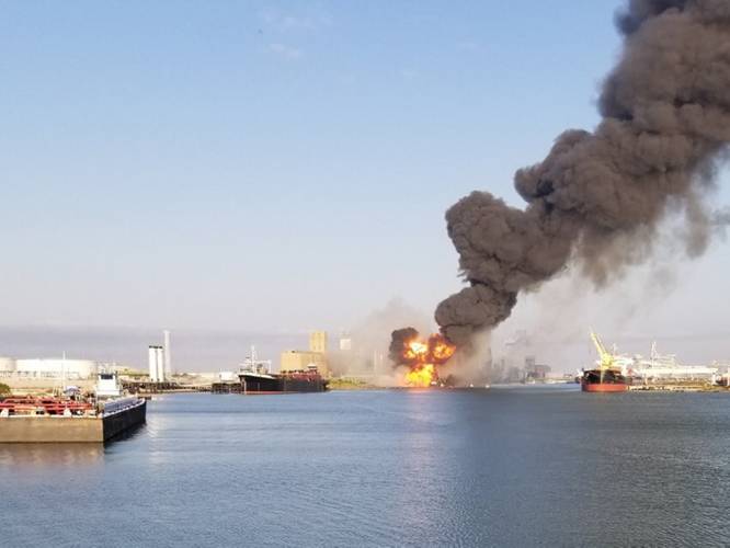 Coast Guard crews respond to a dredge on fire in the Port of Corpus Christi Ship Channel, August 21, 2020. (U.S. Coast Guard photo)