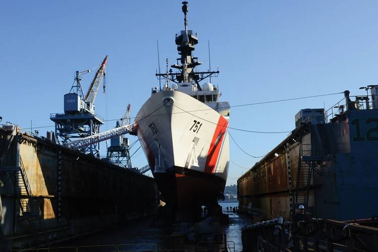 Coast Guard Cutter Waesche prepares to refloat from drydock in Seattle, Wash., May 22, 2018. The Waesche is a 418-foot Legend-class National Security Cutter homeported in Alameda, California. U. S. Coast Guard photo by Petty Officer 1st Class Ayla  
Kelley.