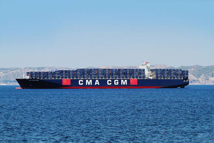 Containership CMA CGM Orfeo specially dressed in Chinese colors (Photo: CMA CGM)