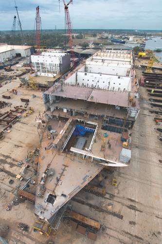 Crowley is constructing two ConRo ships that will be powered by LNG for the Jones Act trade between the U.S. and Puerto Rico. El Coqui (pictured) and Taino are under construction at VT Halter Marine’s shipyard in Pascagoula, MS. The ships are part of an investment by Crowley of more than $500 million in the Puerto Rico trade. (Photo: Crowley)
