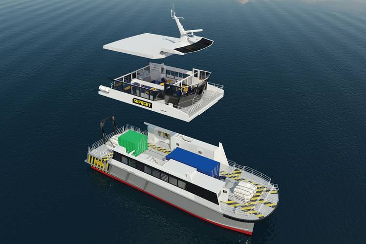 IncatCrowther’s latest innovation for offshore wind farm support catamarans features a pass-through cargo deck and resiliently mounted passenger cabin.