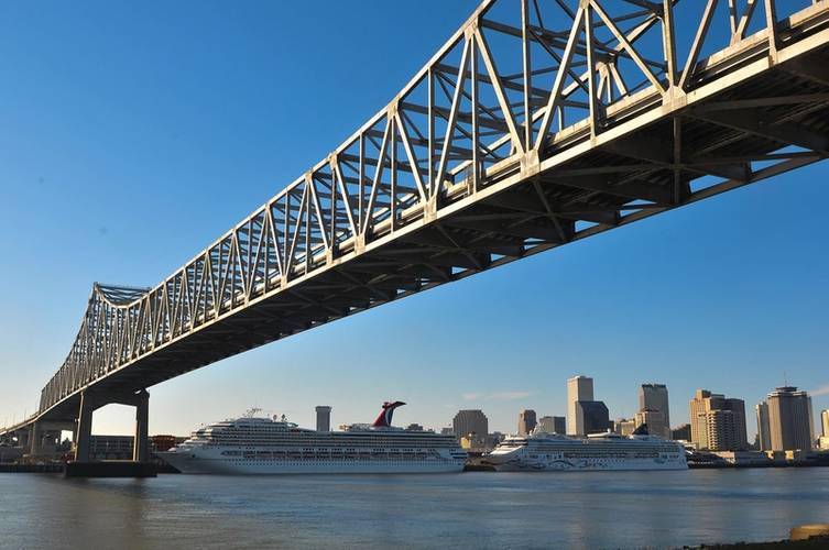 Cruise ships berth at the Port of New Orleans Erato Street Cruise Terminal and Julia Street Cruise Terminal.