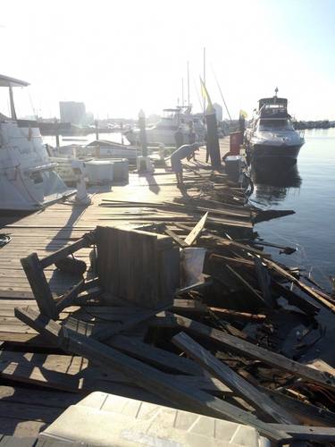 Damage sustained to the pier after the passenger vessel Spirit of Baltimore allided with the pier Sunday, Aug. 28, 2016. (U.S Coast Guard photo by Tom Davan)