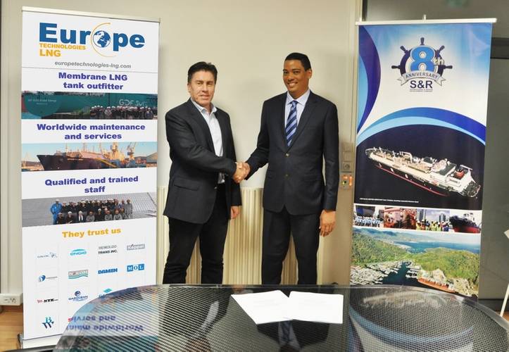 Dr. Patrick Cheppe, CEO of Europe Technologies Group and Wilfred de Gannes, Chairman & CEO of the Shipbuilding and Repair Development Company of Trinidad and Tobago Limited in Nantes, France on November 25, 2016. (Photo: SRDC)