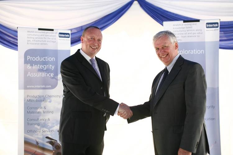 Dr. Tom Whitfield, manager of E&P for South East Asia at Intertek with Raymond Pirie, vice president of Intertek's global upstream business at the official opening event of the new regional center