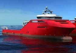 3D drawing of the LNG-fuelled Platform Supply Vessel being built at the Aker Yards' facility at Søviknes, Norway