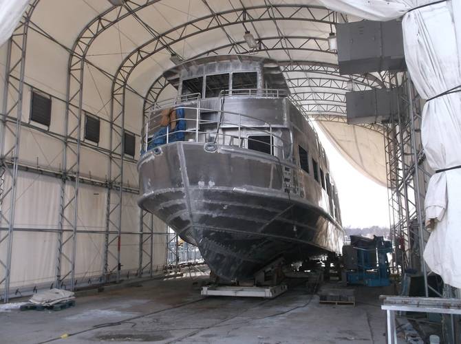 Isle of Fire during construction at Blount Boats in Warren, RI.
Image courtesy Blount Boats
