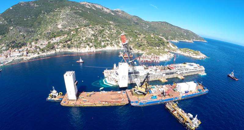 Dutch crane barge Conquest MB1 assists salvage operations for the refloat of Costa Concordia (Photo courtesy of Conquest Offshore)