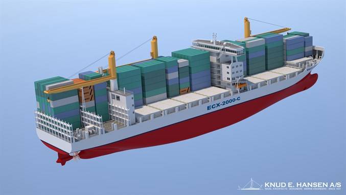 ECX-2000-C  2000 TEU Feeder Vessel of Bankok Max-size with counter rotating propellers (Image: KNUD E. HANSEN)