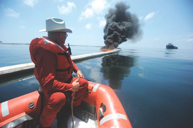 Elastec President Jeff Cantrell monitors Hydro Fire Boom performance in the Gulf. Photo: Elastec