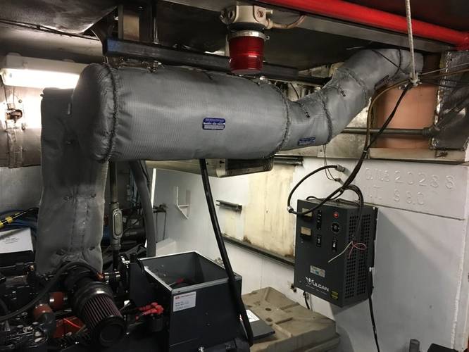 Maid of the Mist VII engine room showing silencer and exhaust line fitted with Shannon reusable insulation.
