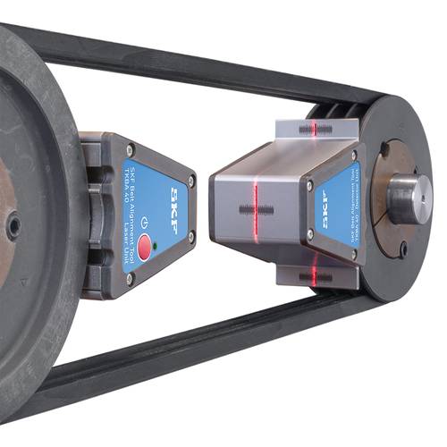 Laser-equipped belt alignment tools accurately align belt-driven machines, including pulleys of different widths. Photo: SKF USA Inc.