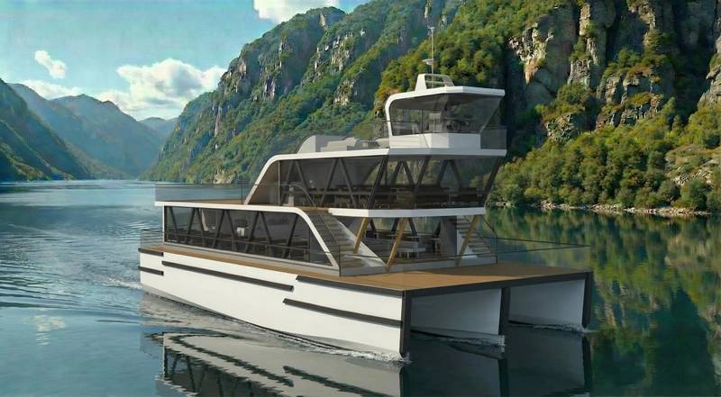 Brim Explorer's new electric, high speed trimaran - the world's most efficient battery-powered vessel. Illustration: Olav Opheim, Wind Naval Architets