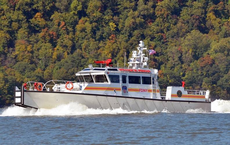 FDNY’s new fireboat, William M. Feehan, features a nameplate milled from an I-beam lifted from the rubble of the World Trade Center (Photo: MetalCraft Marine)