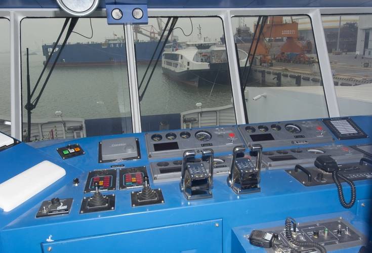 One of the ferries fitting out as seen from the bridge of a sistership.