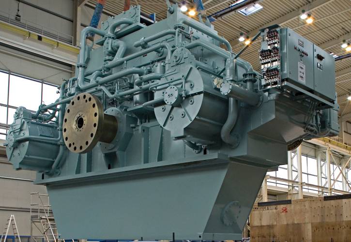 Fig. 1: For the world’s largest ferry boat which was put into operation in 2012, Siemens built two twin-engine propulsion gearboxes which together deliver 57,600 MW of motor-power to the adjustable propellers.  (Source: Siemens)