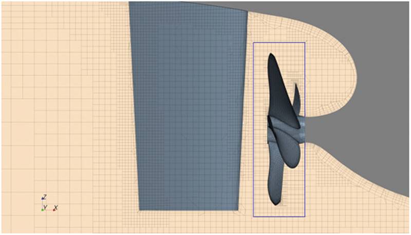 Fig. 10: Computational grid around propeller and rudder (highlighted is the boundary of the region rotating 