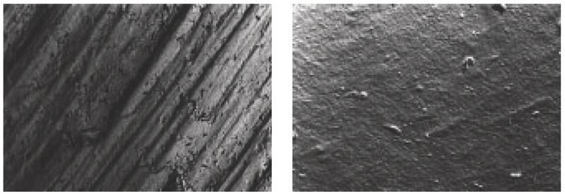 (Figures 1B and 2B) Photographs of the surface of a new pinion flank taken with a scanning electron microscope (Module 25 mm, Rt = 44 μm RA = 4.3 μm / enlarged 50 times).