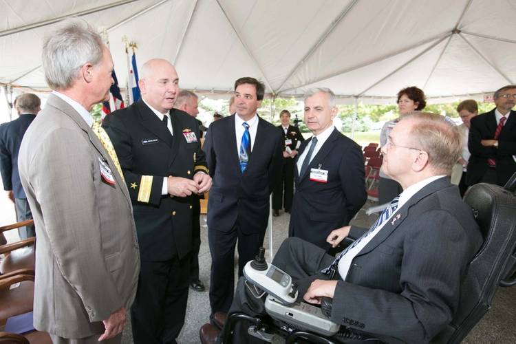 From left: RI Governor Lincoln Chafee; Rear Adm. Michael Jabaley, commander, NUWC; Mark Rodrigues, head NUWC's Platform and Payload Integration Department; RI Senator Jack Reed, and RI Congressman James Langevin.