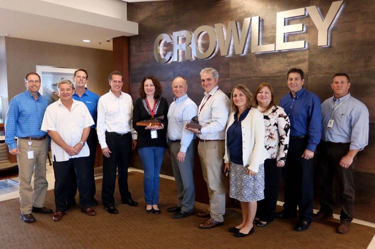 From left:  Rob Clapp, vice president, planning and strategy; Mike Golonka, vice president, government services; Cole Cosgrove; vice president, marine operations; Eric Evans, vice president, strategy; Eisenhart, Crowley and Hilburn; Susan Michel, vice president, organizational development; Kyra Roca, vice president, customer care; Todd Busch, senior vice president and general manager, technical services; Robert Weist, vice president, North America transportation. (Photo: Crowley)