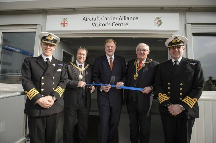 From left to right: Captain (RN) Chris Smith, Lord Provost of Edinbugh Donald Wilson, Ian Booth, ACA Managing Director, Lord Provost of Fife, Jim Leishman and Captain (RN) Simon Petitt at the opening of the Aircraft Carrier Alliance Visitor Center. (Photo: BAE Systems)