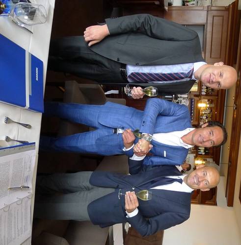 From left to right, Damen Sales Manager Jelle Meindertsma with Aqualiner partners Maurice Swets and Gerbrand Schutten.  (Photo: Damen)
