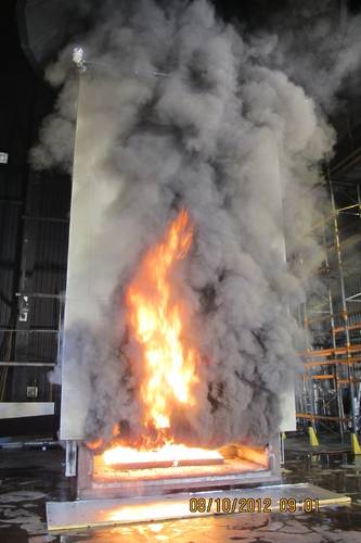 Full scale tests of fire spread on external FRP composite surfaces based on SP FIRE 105 (carried out as part of the FP7 EU project BESST). Photo: Glenn Appel