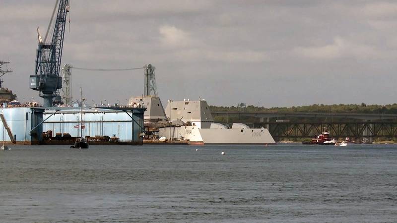 The future USS Zumwalt (DDG 1000) passing the future USS Michael Monsoor (DDG 1001) as Zumwalt departs Bath Iron Works (U.S. Navy photo)