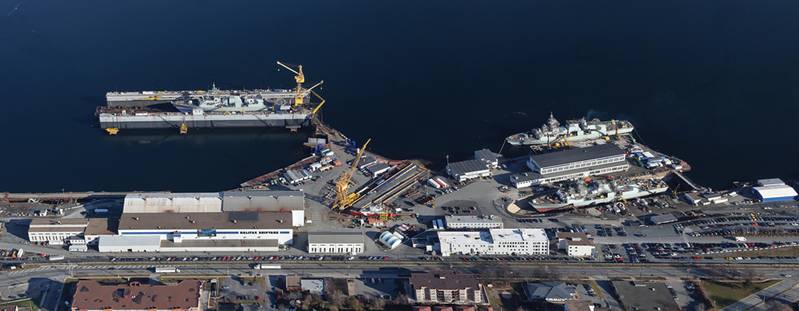 Irving Shipbuilding’s primary facility, Halifax Shipyard, with three Canadian Halifax-Class frigates in for service.