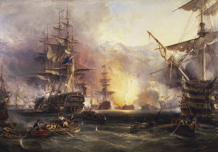 George Chambers depicts the Bombardment of Algiers, dramatically foregrounding British ships. Oil on canvas, by George Chambers, 1836.
© National Maritime Museum, Greenwich, London. Greenwich Hospital Collection.