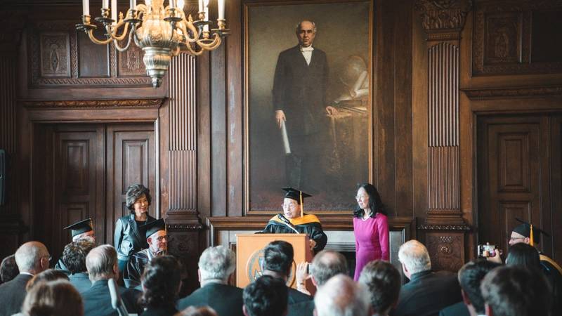 Dr. Chao giving his remarks at Webb Institute. Image courtesy Webb Institute
