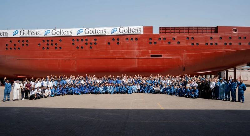 Goltens Dubai team celebrating the successful delivery of the Captain Arctic hull (Credit: Goltens Dubai)