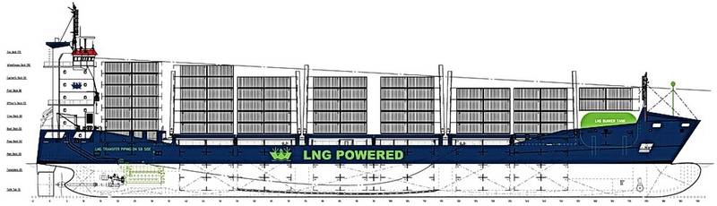 The graph of the Wes Amelie shows the LNG-tank location on the forecastle. (Image: Wessels GmbH)