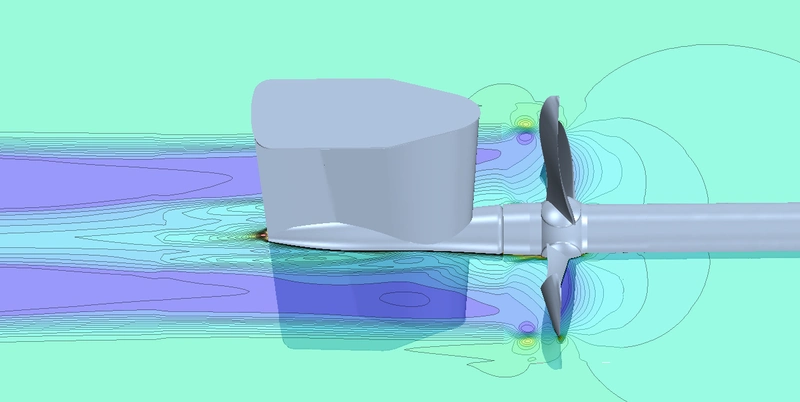 Graphic from MAN Diesel & Turbo’s CFD simulation of the new Kappel propeller blades, fairing cone and rudder bulb – customized for the existing aft ship and fishtail rudder (Image: MAN Diesel & Turbo)