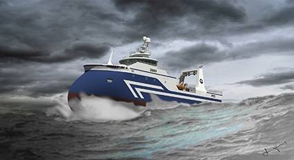 Graphic representations of the Nautic wetfish trawler design for HB Grandi. Each vessel will be powered by an MAN six-cylinder L27/38 unit, accompanied by a four-bladed, 3.8-metre, ducted MAN Alpha VBS 860 propeller (Image courtesy of HB Grandi/Nautic)